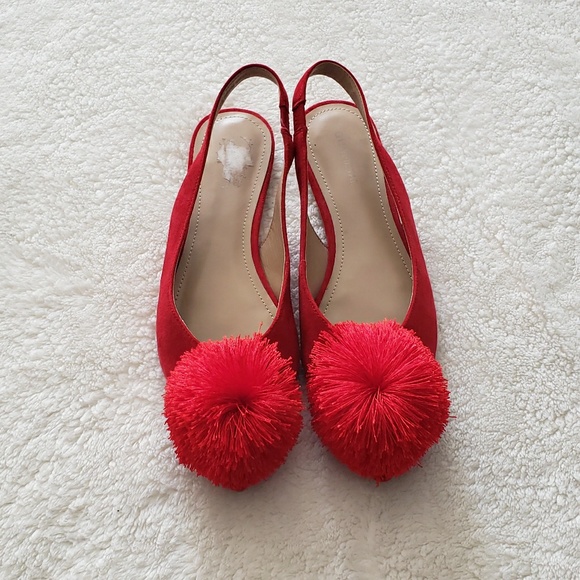 Red Suede Sling Back Pom Pom Flats - Picture 2 of 5